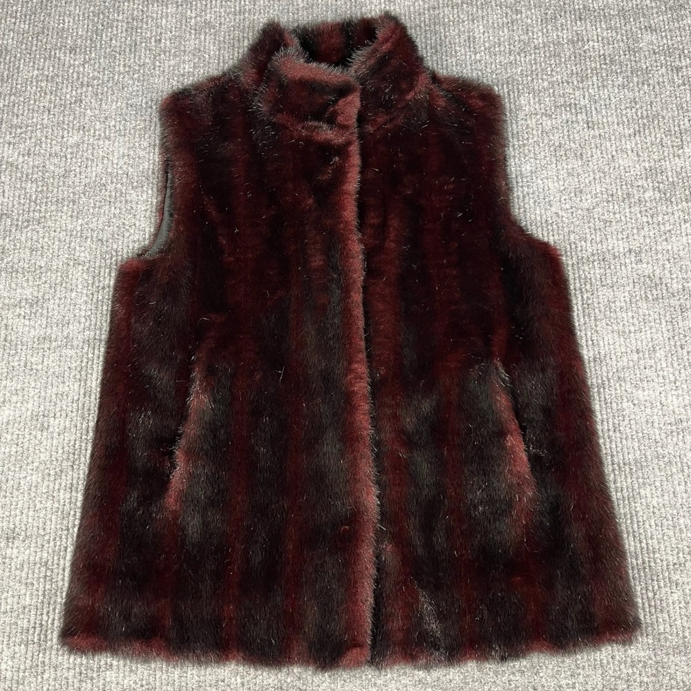 Fabulous Furs Vest Womens S Burgundy Faux Fur Mock Neck Plush Aspen Chic Luxe